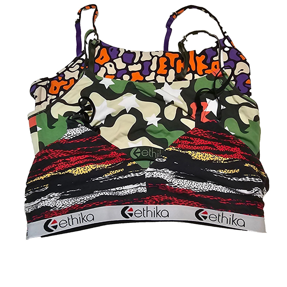 Ethika Sports Bra Bundle Lot 3 Medium Stretch Logo Band Bralette Camo Graphic